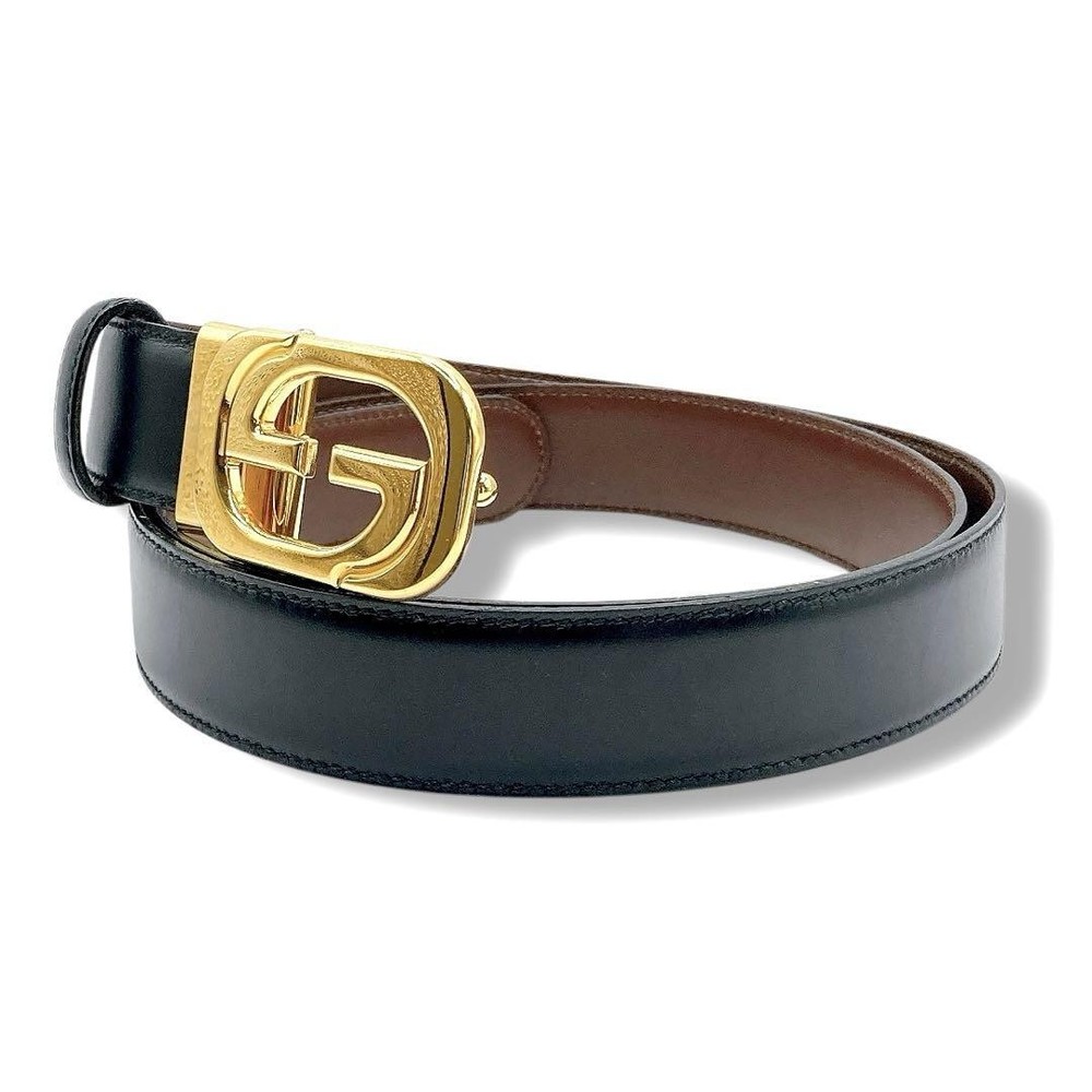 Authentic Gucci Brown Leather Interlocking G Belt Gold Buckle