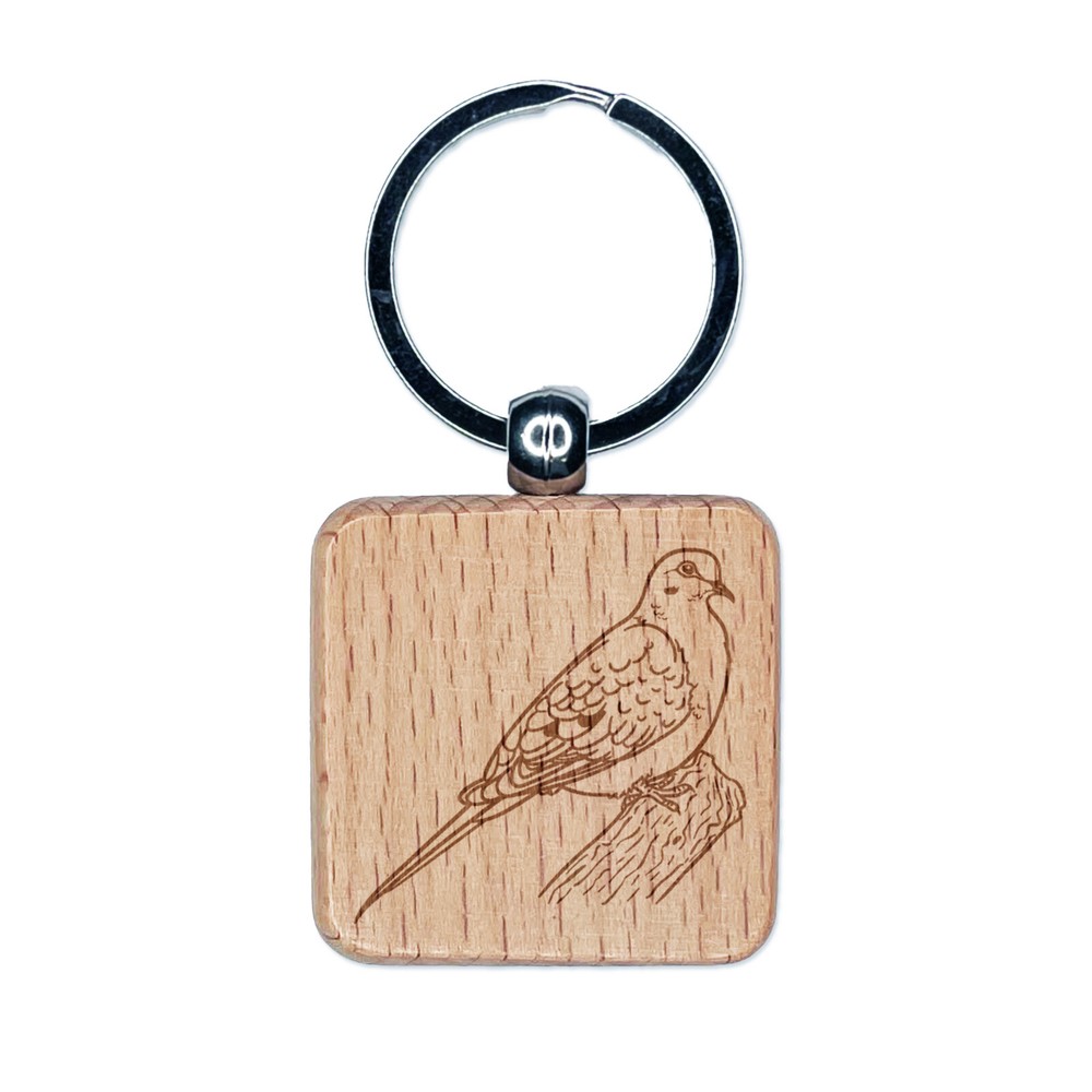 Watchful Mourning Dove Bird Engraved Wood Square Keychain Tag Charm