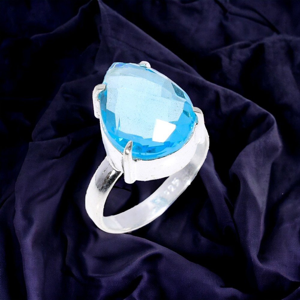 Gift For Her Natural Sky Blue Topaz Solitaire Dailywear Ring Size 7.5 925 Silver