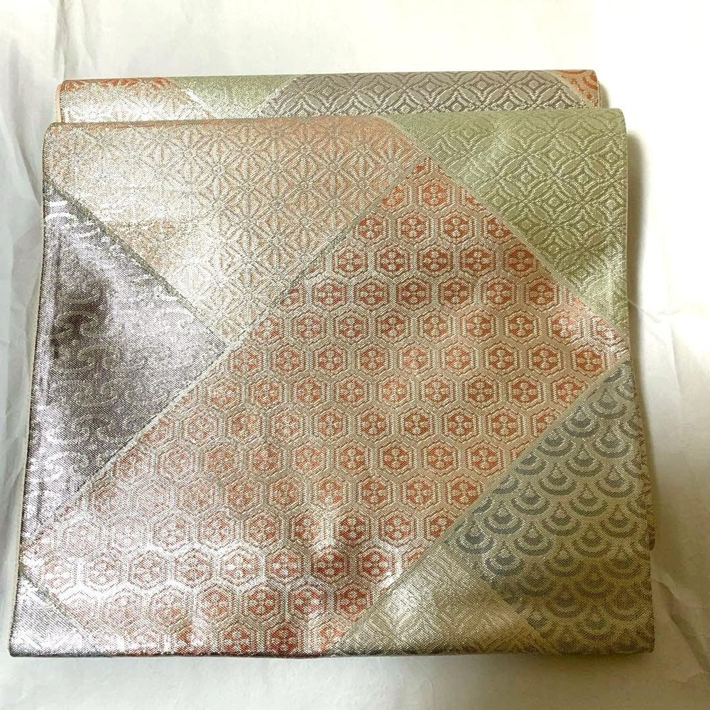 ✴︎ Reduced price Pure silk Modern plaid pattern Fukuro obi Pink Blue Green