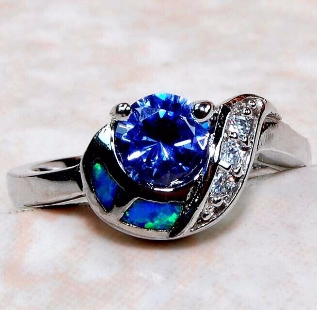 1CT Treated Sapphire & Australian Opal 925 Sterling Silver Ring Size 7 AB7