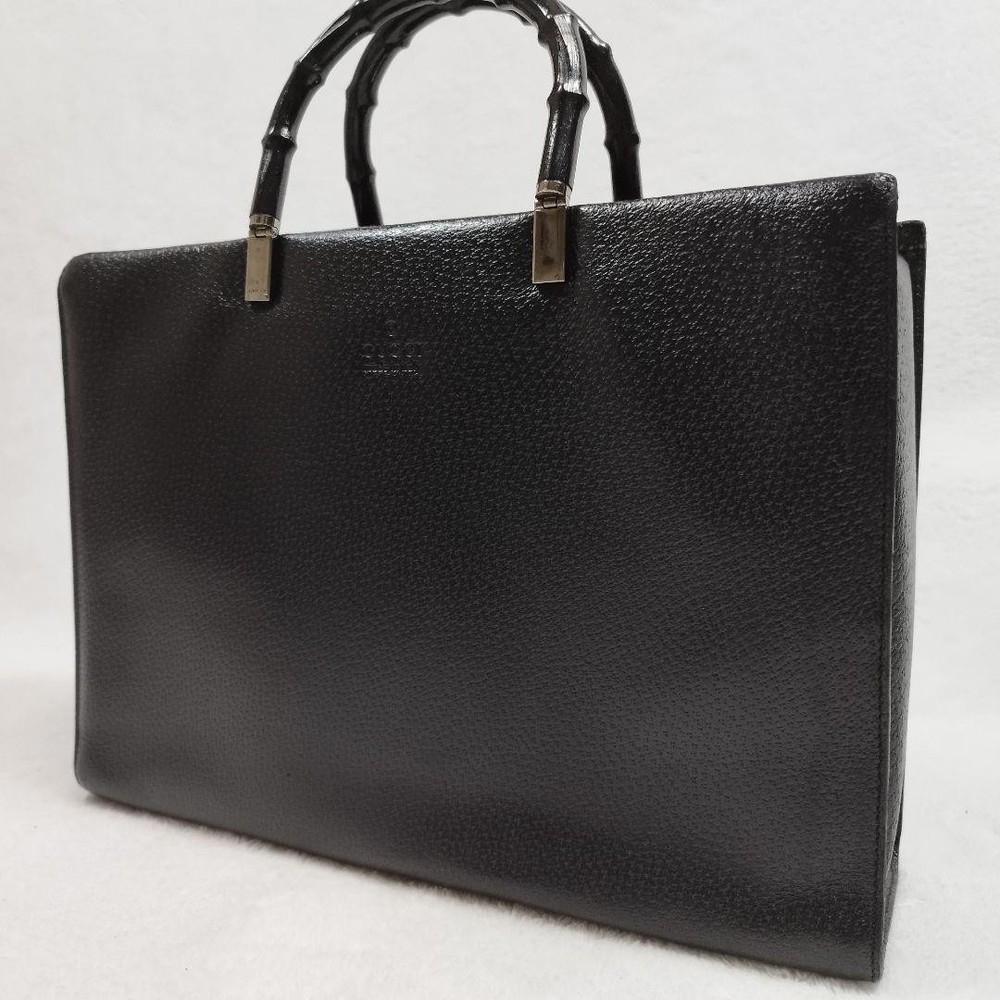 Vintage Gucci Black Leather Bamboo Tote Bag 25cm x 34.5cm Pre-Owned