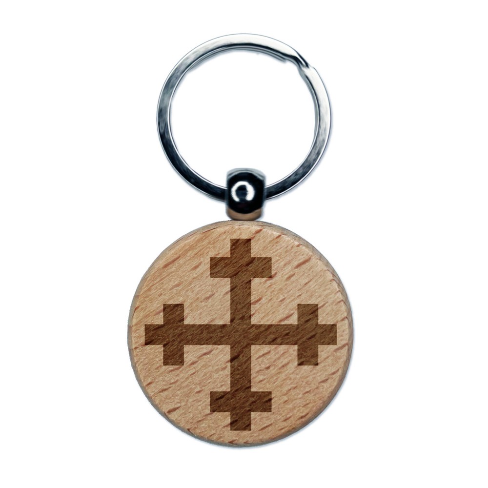 Crosslet Cross Engraved Wood Round Keychain Tag Charm