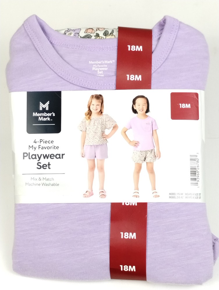 Members Mark Purple & White Floral Playwear Set 4-Piece Size 18 Months-image