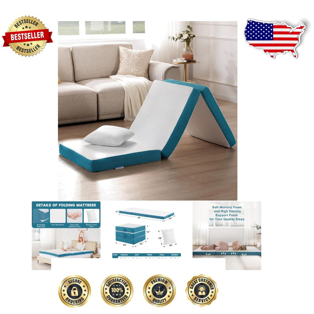 4-Inch Memory Foam Folding Mattress with Pillow & Storage for Travel Comfort
