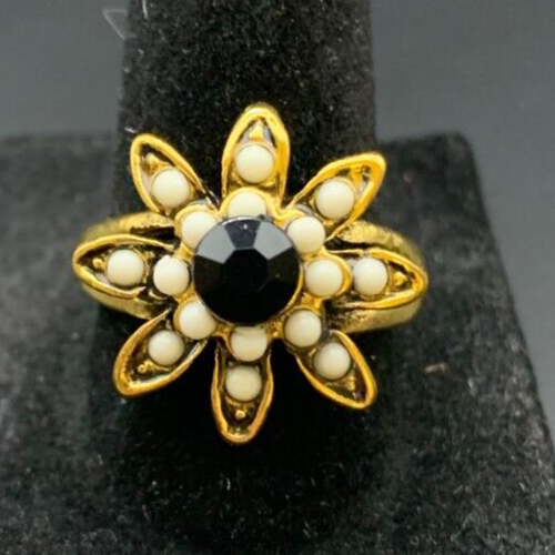 Vintage Antique Gold Tone Black CZ Rhinestone Flower Cocktail Ring - Size 9.5