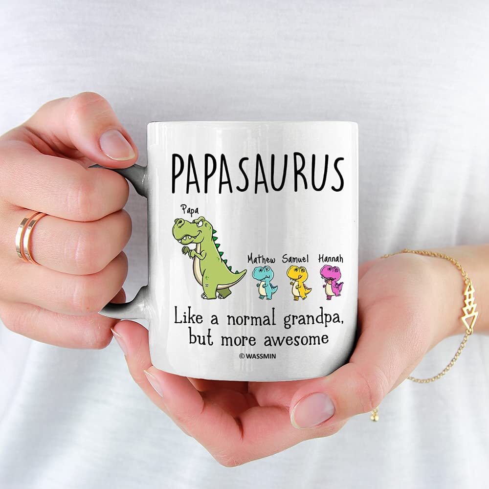 Personalized Papasaurus Mug Papa Dinosaur Coffee Mugs Cups Custom Grandkids Name