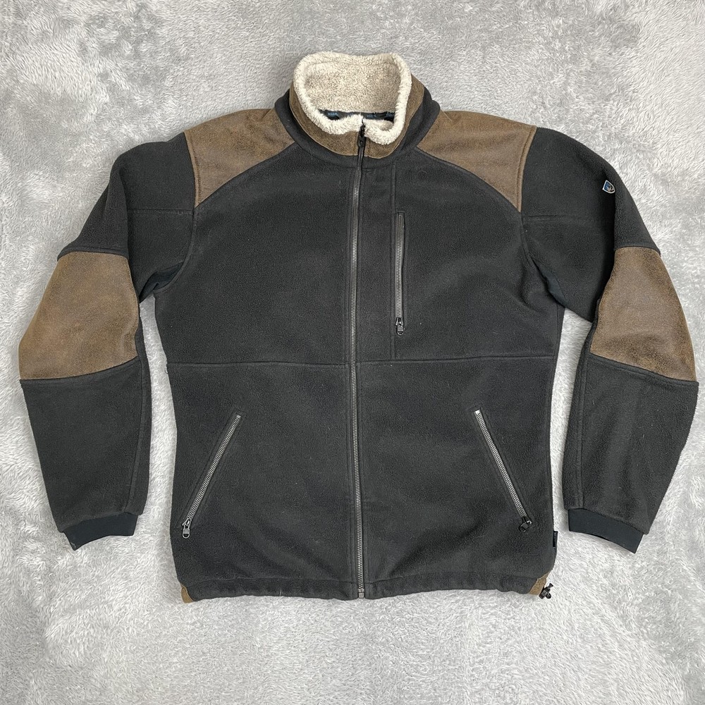 Kuhl Fleece Jacket Mens Large Black Brown Sherpa Collar Zip Outdoor Hiking