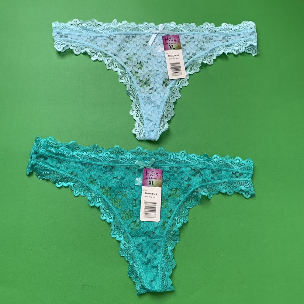 2 Hers  By Herman Lace Thongs  Blue Green Floral Size XL Scalloped Edges New