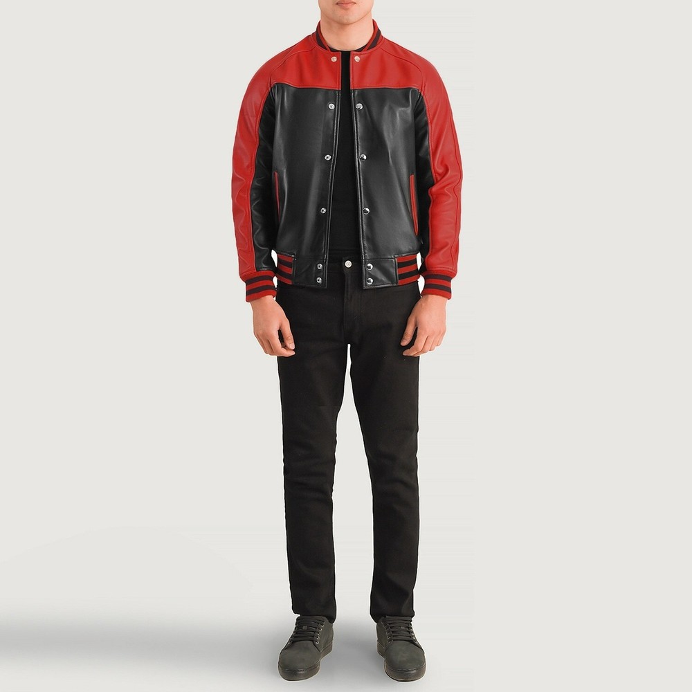 Terrance Black Red Leather Varsity Jacket for Men Stylish Bomber