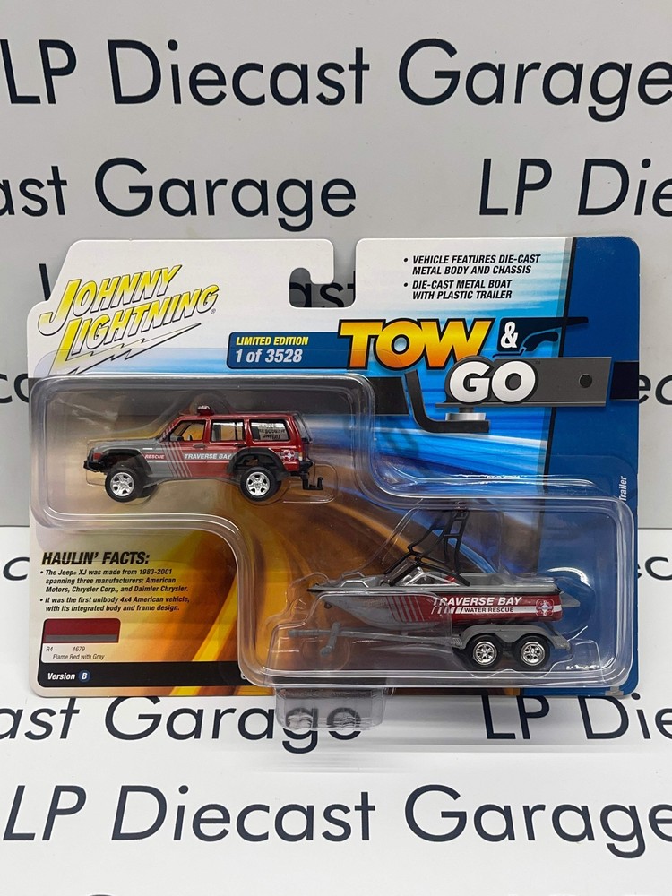 JOHNNY LIGHTNING Jeep Cherokee XJ w/ Boat Traverse Bay Rescue 1:64 Diecast Tow &