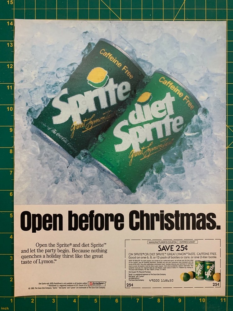 1986 Vintage Sprite Diet Sprite Caffeine Free Cans Coupon Lymon Print Ad E1-image