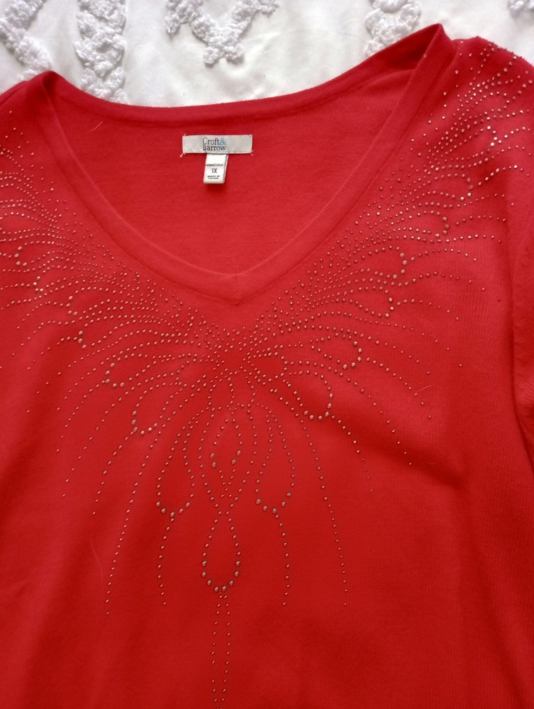 Croft & Barrow Red Sparkle V-Neck Christmas Sweater Size 1X 3/4 Sleeve