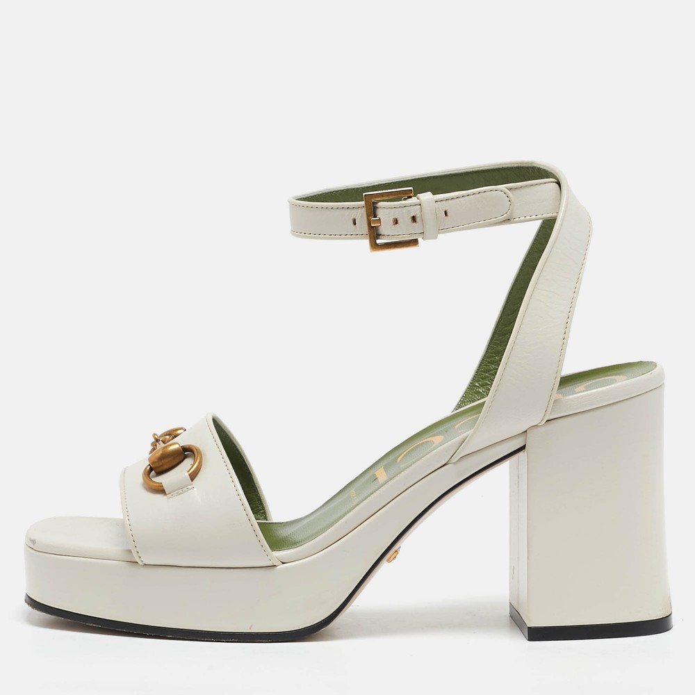 Gucci GG Marmont Cream Leather Platform Ankle Strap Sandals Size 38.5