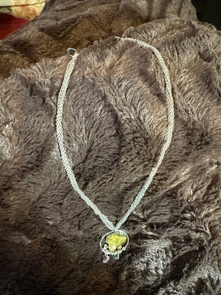 Silver-Tone Lia Sophia Necklace with Resin Disc and Dangling Faux Gems