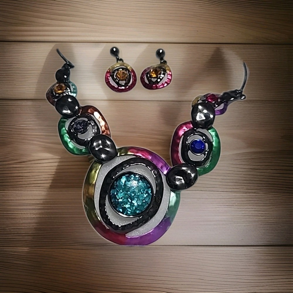 Artisan Multi-Color Metal Niobium Titanium Multi Crystals Statement Necklace