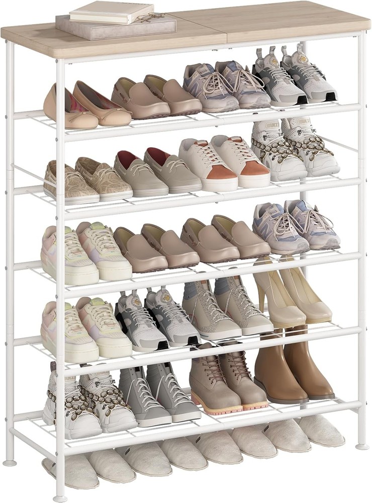 6-Tier Shoe Rack Organizer for Closet or Entryway in White and Oak Finish