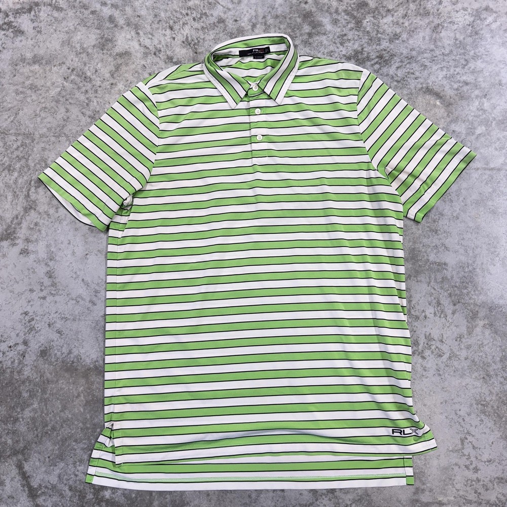 RLX Ralph Lauren Polo Shirt Mens Large Green Stripe Golf Performance Stretch