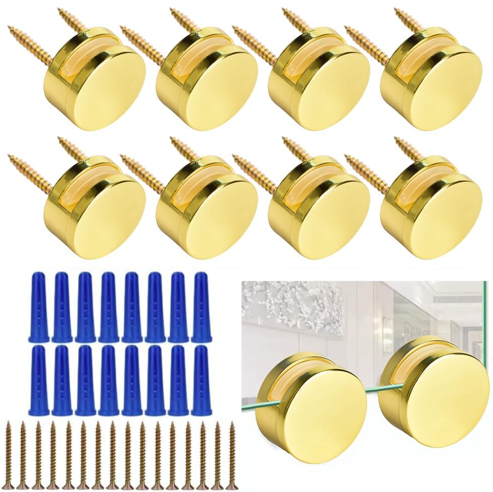 Golden Upgraded 35mm Frameless Mirror Mounting Hardware 8 Pack Dualscrew Fixing