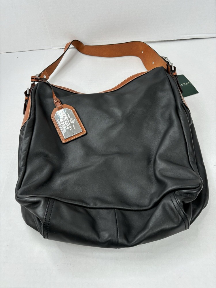 Lauren by Ralph Lauren Landrey Zip-Top Pebbled Leather Hobo Black/Brown