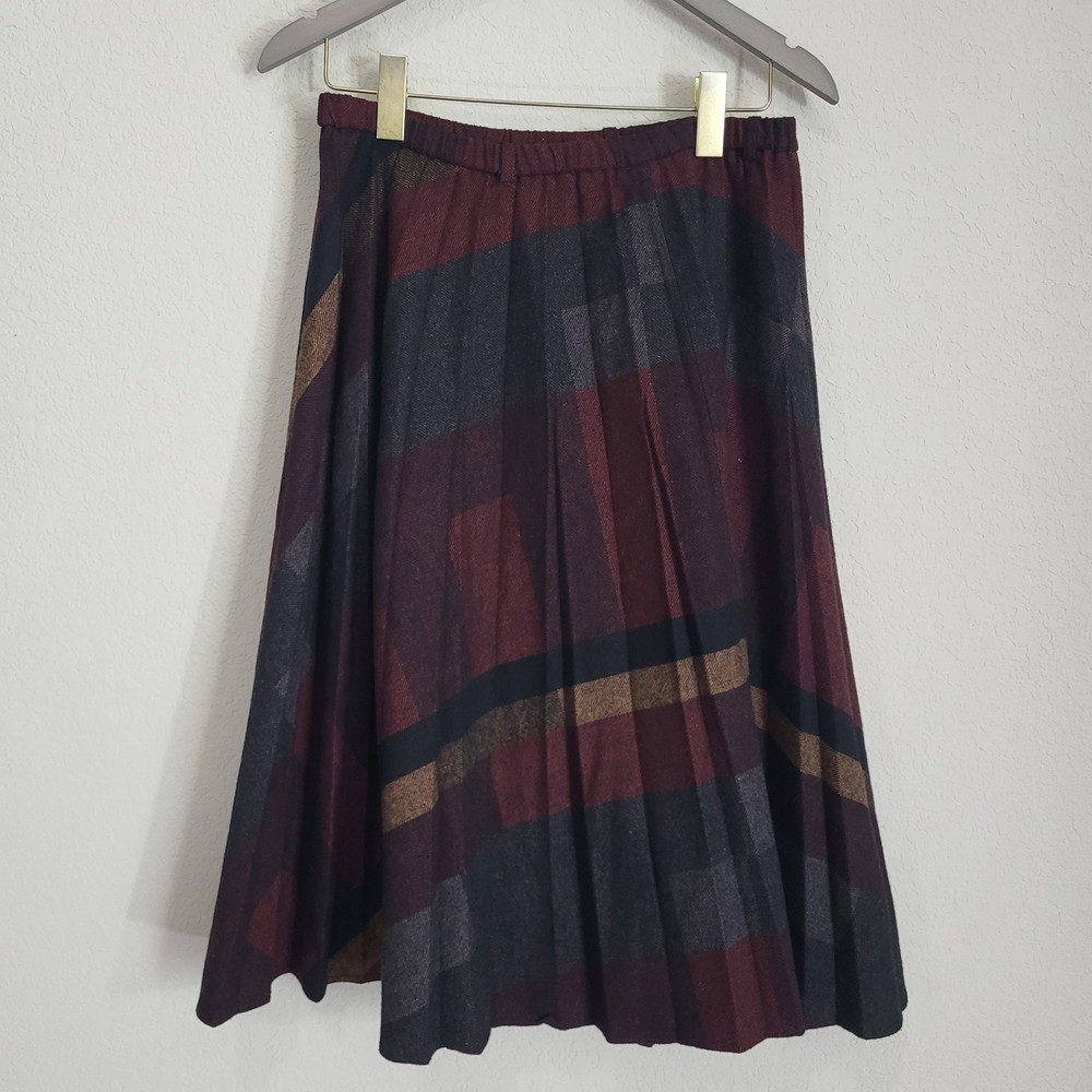 Vintage Plaid Pleated Skirt Women Medium Burgundy A Line Fall Winter Academia UB