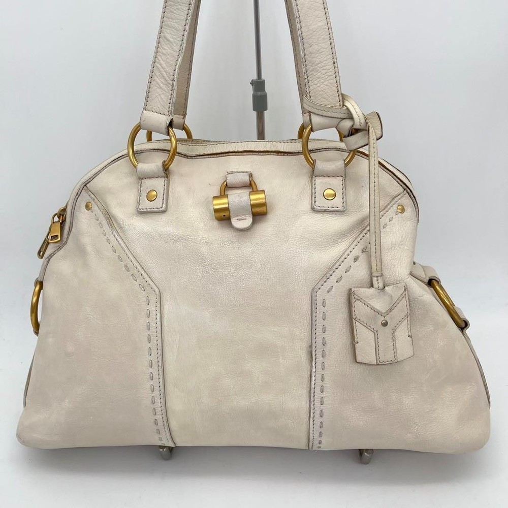 Yves Saint Laurent White Leather Logo Tote Shoulder Bag for Women from Japan