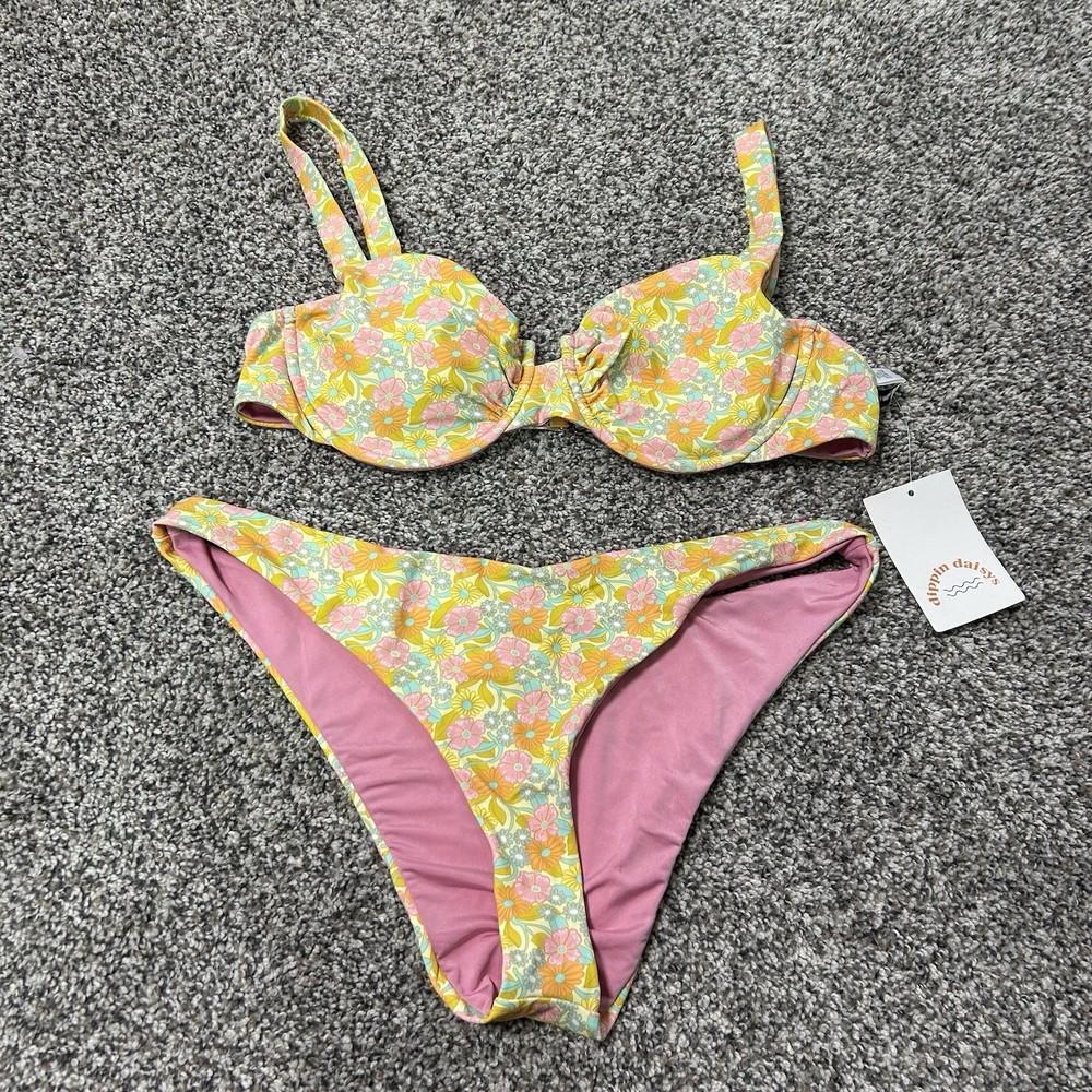 Dippin Daisies Women’s Bikini Set Pink, Yellow, Blue Floral Size Large NWT