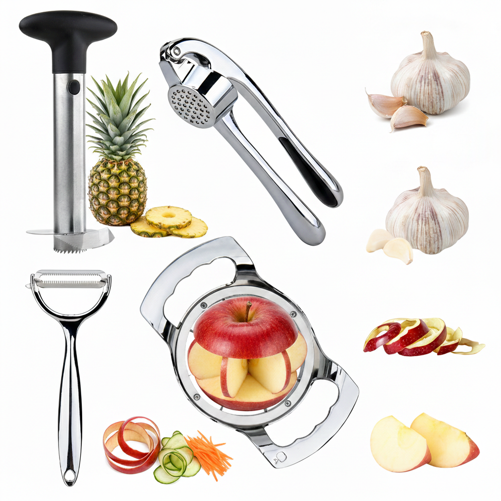 Pineapple Corer, Apple Slicer, Peeler & Garlic Crusher all in one packing.