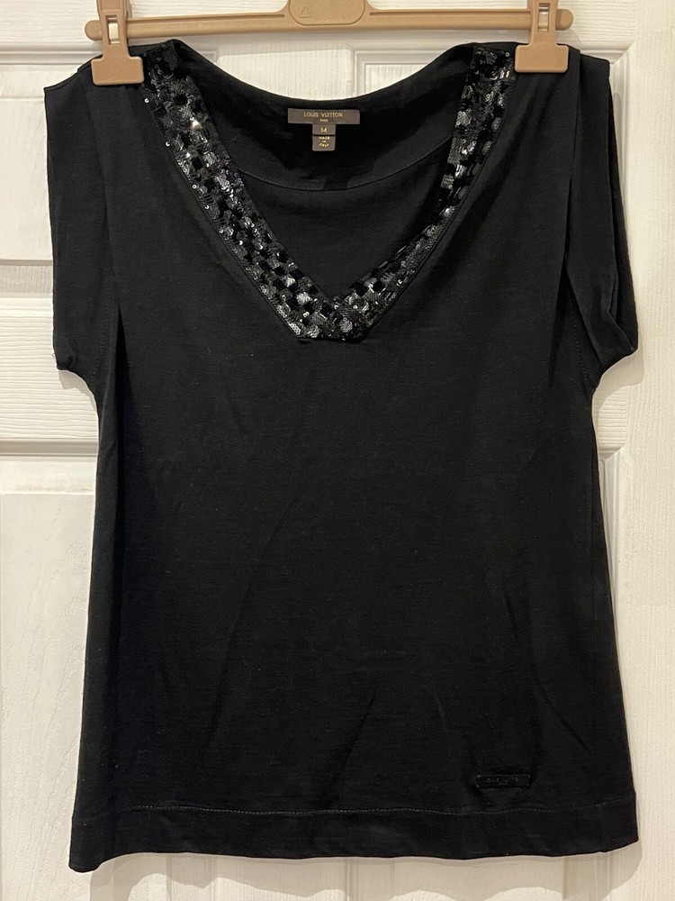 Louis Vuitton Sz M Wool Jewel Beaded Neckline Short Sleeve Sweater Box Top