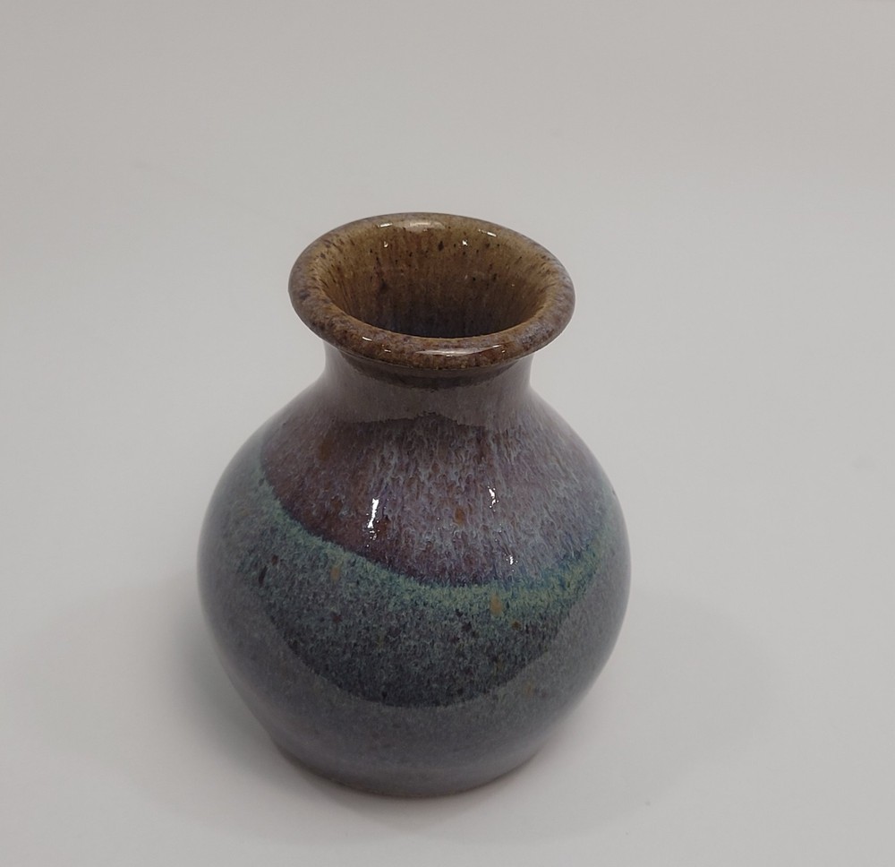 Mini Art Pottery Drip Glaze Bud Vase in Purple Blue Brown 3.5 Inch Tall Signed