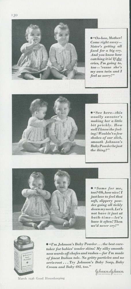 1936 Johnsons Baby Powder Twins Baby Girls Sweaters No Cry Vintage Print Ad GH1
