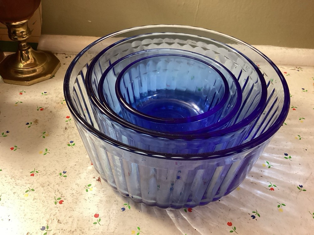 Vintage Anchor Hocking Cobalt Blue Mixing Bowl Set 1 2 3 Cup & 1 Qt