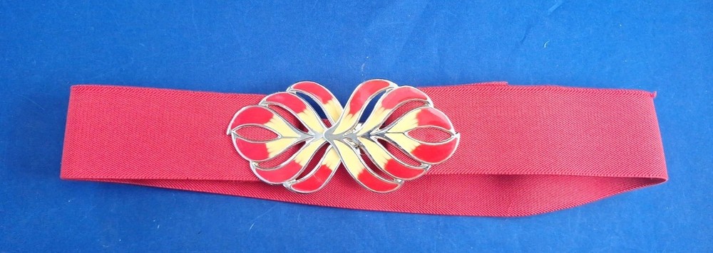 Vtg Stretch Belt Red Flame Leaf Hip Hop 80's Waist Buckle Boho *7FB