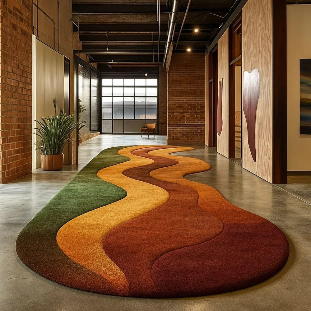 Hand-Tufted Wool Runner Rug – Earth Tone Wave Design, Modern Art
