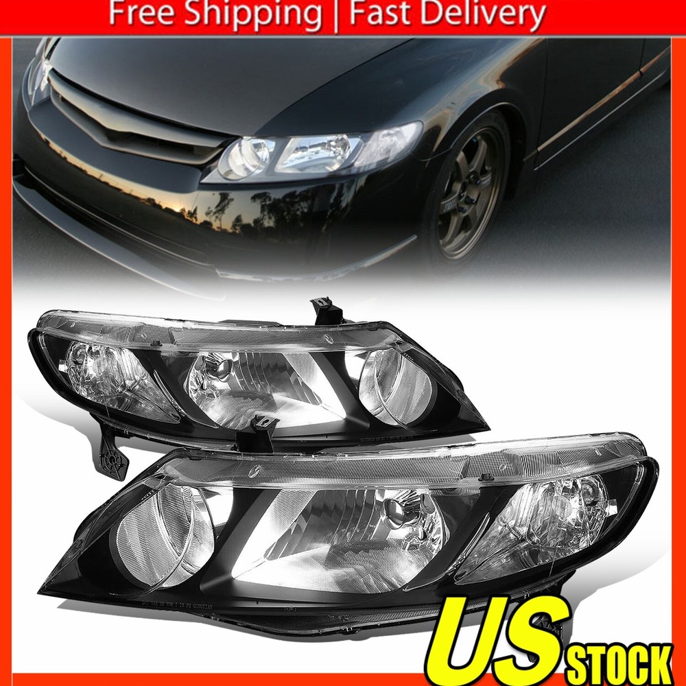 For Honda Civic Sedan 4Dr 2006-2011 Headlights Black Housing Headlamp Left+Right