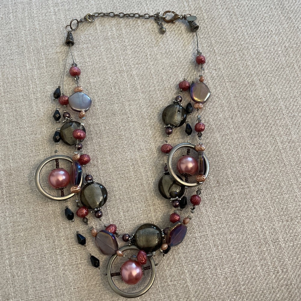 Vintage Chicos Pink Grey Glass Silver Metal Beaded 3 Strand Necklace Y2K