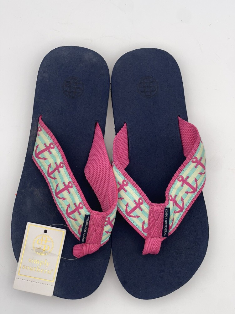New Simply Southern Flip Flops Woman's US Size Small  5.5-6.5 Pink/Green Anchors