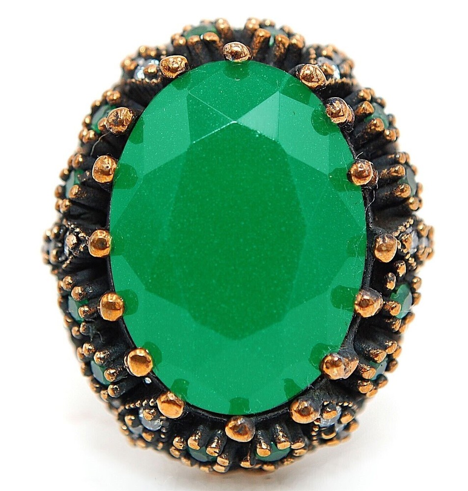 12CT Treated Emerald Ottoman Empire Style 925 Sterling Silver Ring Size 7.5