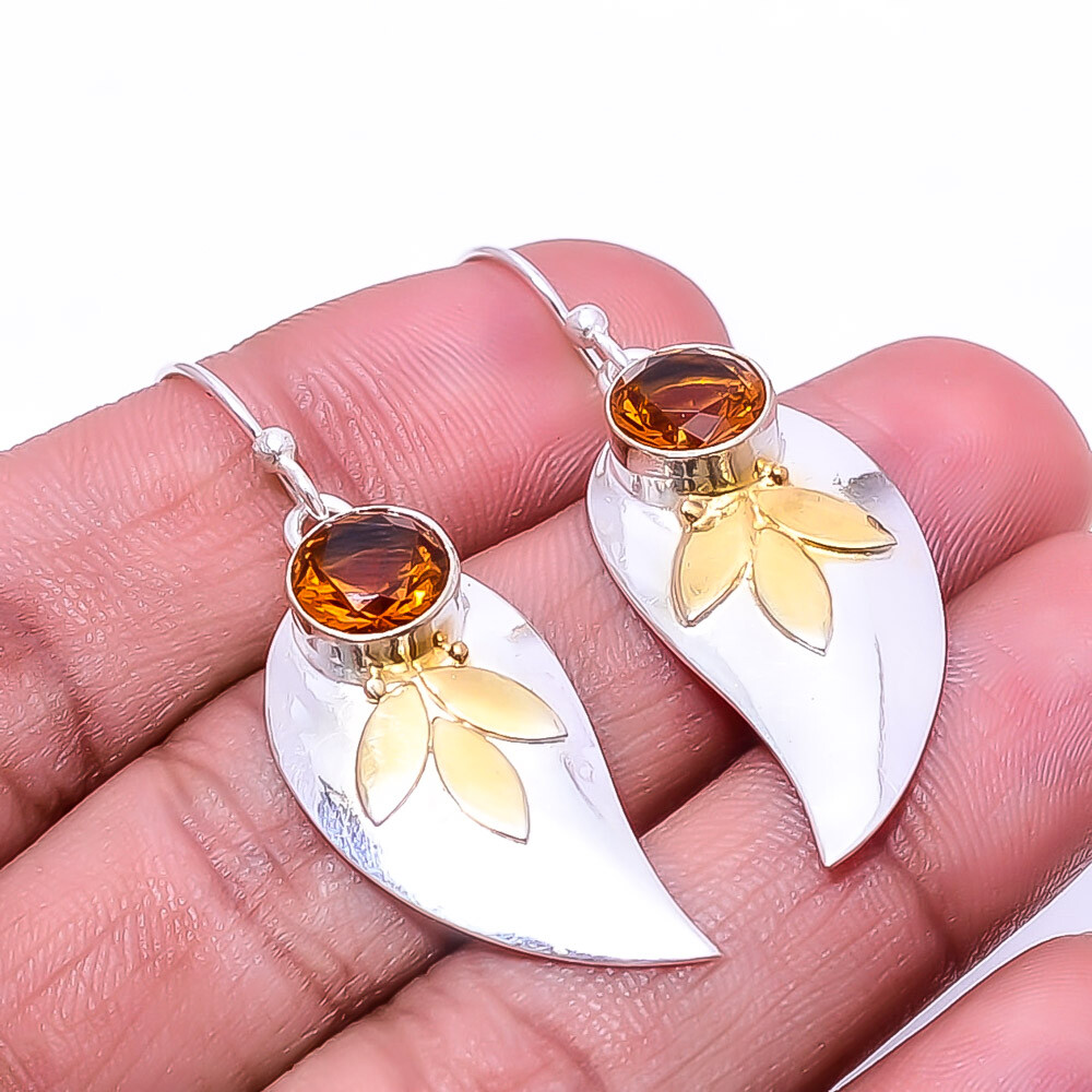 Citrine Gemstone Sterling Silver Handmade Two-Tone Leaf Earrings 1.95 Inches E8