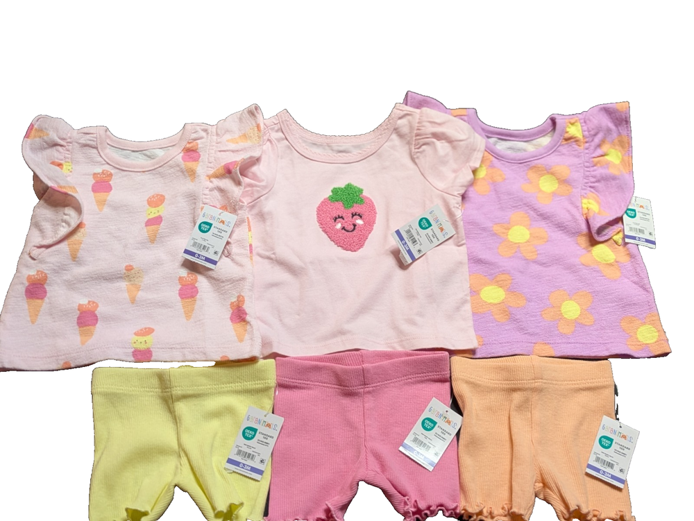 NWT Garanimals Baby Girl 6-Pc Summer Bundle Size 0-3M Tees Shorts Mix Match