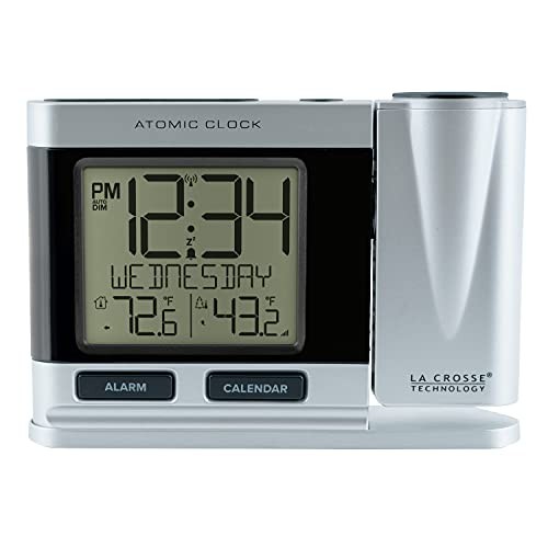 Atomic Projection Alarm Clock with Temperature Display in Silver