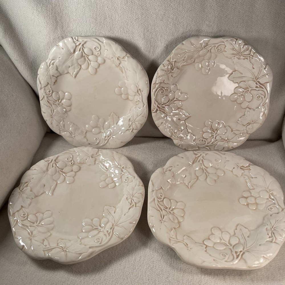 Certified International Napa Salad Plates White W/ Embossed Grapes Leaves Set 4