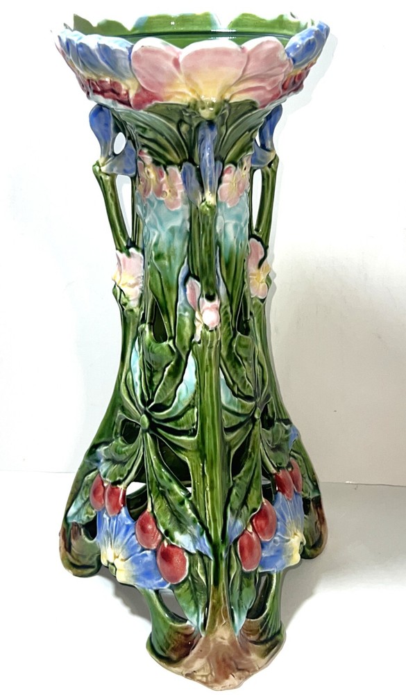 VTG French Majolica Art Nouveau Ceramic Floral Candle Holder or Plant Stand