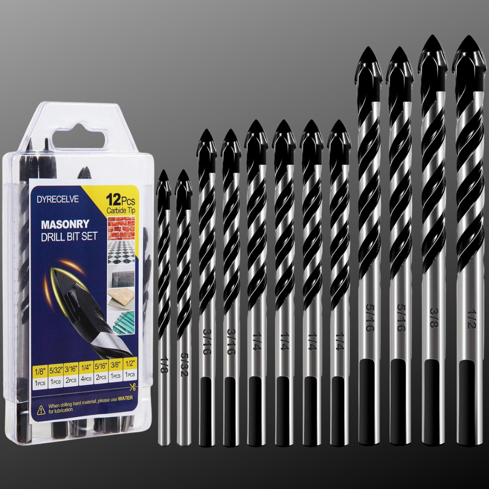 12-PCS Masonry Drill Bit Set and Concrete Drill Bit Set, 1/8 to 1/2 inch Carbide