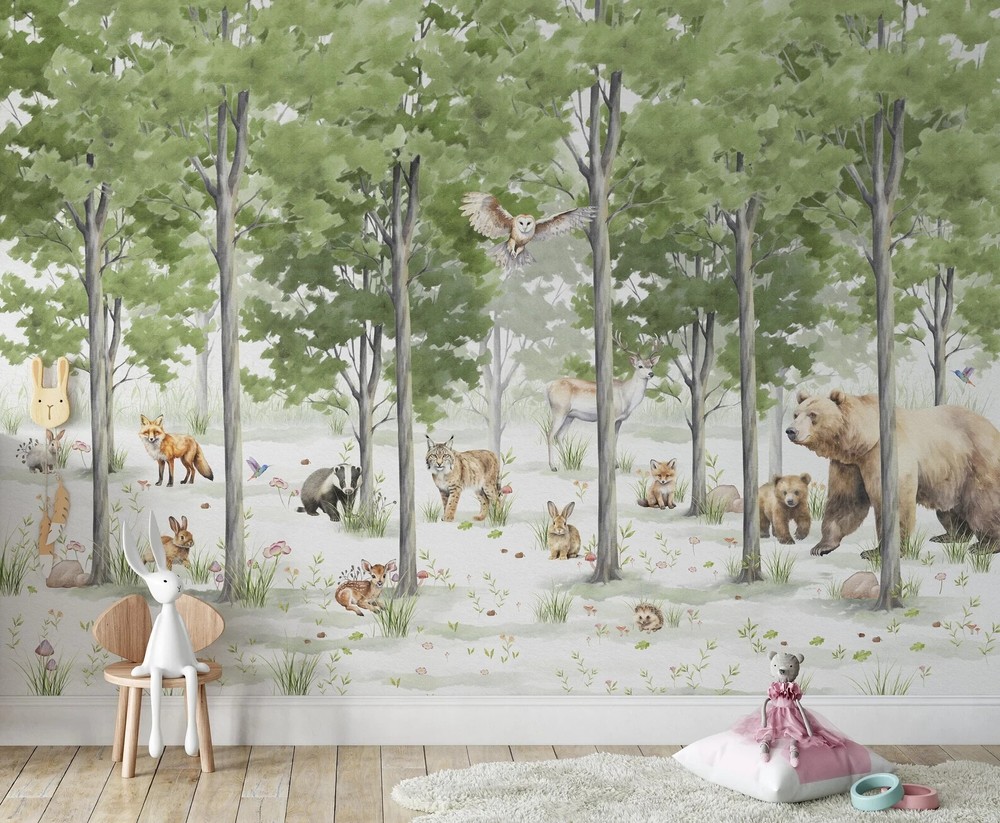 Safari Woodland Animals Peel & Stick Nursery Wallpaper for Kids Room Decor