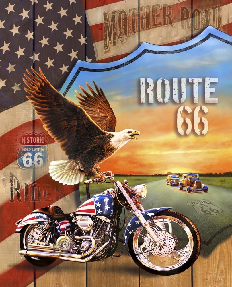 35 Inch Fabric Panel with Route 66 Freedom Ride Eagle Motorcycle Design by David Textiles  
