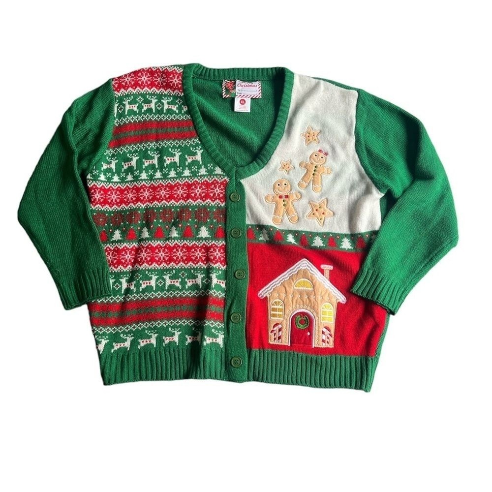 Festive Ugly Christmas Sweater Womens XL Button Front Acrylic Cardigan  