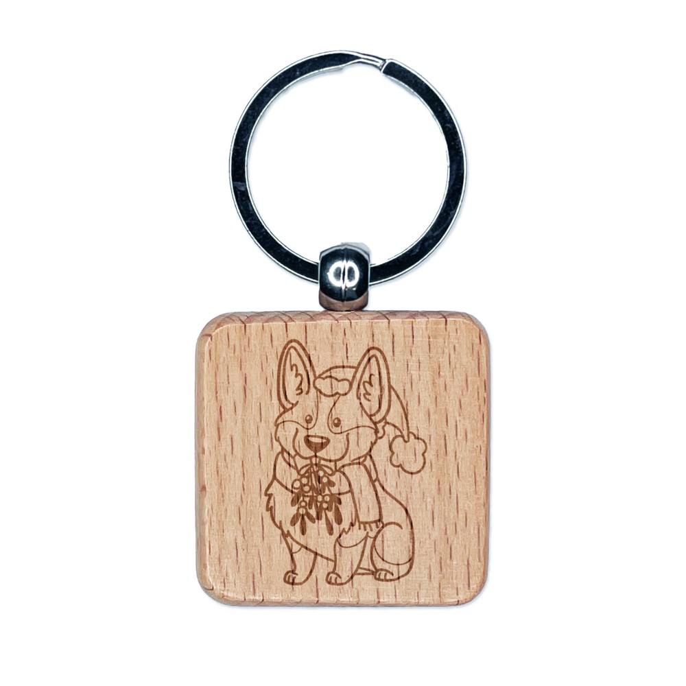 Happy Christmas Corgi with Mistletoe in Santa Hat Engraved Wood Square Keychain