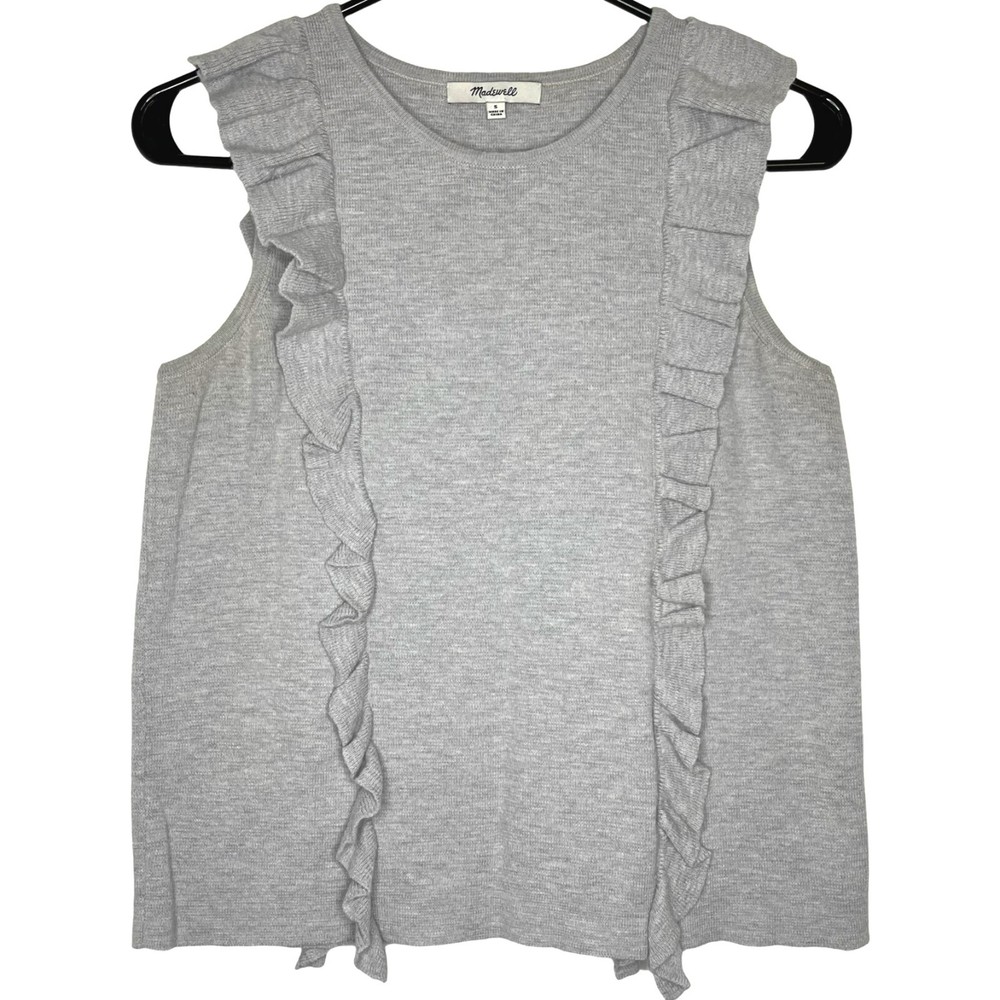 Madewell Grey Ruffled Cotton Blend Sleeveless Sweater Tank Top Preppy Style