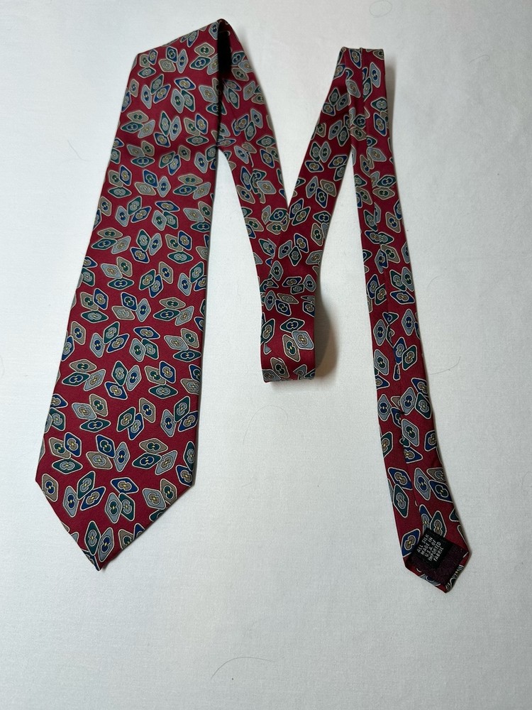Christian Dior 100% Silk Tie Made In USA Red Blue Geometric Mens Necktie